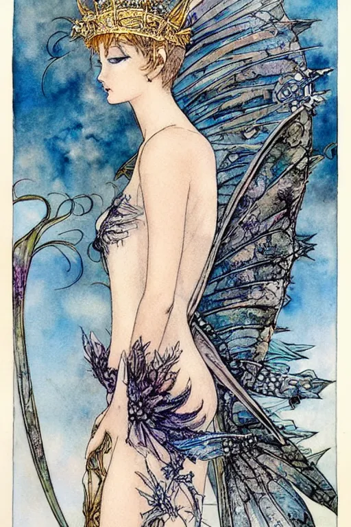 Prompt: fairy princess with a bat wing crown, night sky background, art by luis royo and walter crane and kay nielsen, watercolor illustration,