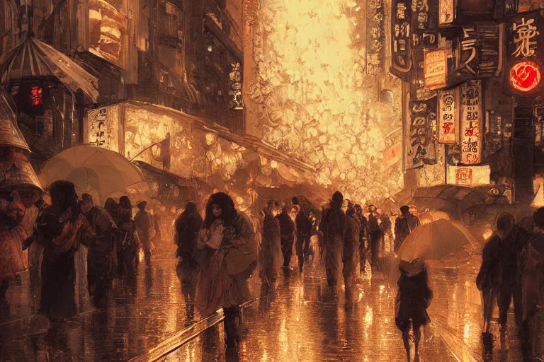 Image similar to a beautiful realistic painting of a firework festival on the streets of tokyo at night, intricate, elegant, highly detailed, digital painting, artstation, concept art, by krenzcushart, artem demura, alphonse mucha