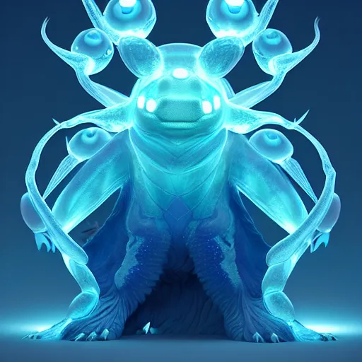 Image similar to ( ice pokemon ) creature creature in a alaska, bioluminescent bioluminescent translucent translucent : : by michal karcz, daniel merriam, victo ngai and guillermo del toro : : ornate, dynamic, particulate, intricate, elegant, highly detailed, centered, artstation, smooth, sharp focus, octane render, 3 d