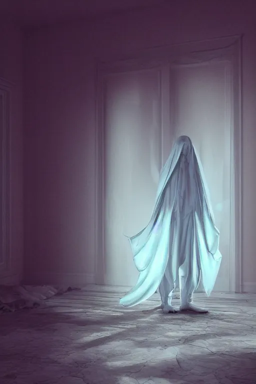 Prompt: a beautiful hyperrealistic clean 3d render of a bedsheet ghost standing in an empty house, gigantic, octane render, brilliantly coloured, intricate, ultra wide angle, trending on artstation, dusk, volumetric lighting, polished, micro details, ray tracing, 8k