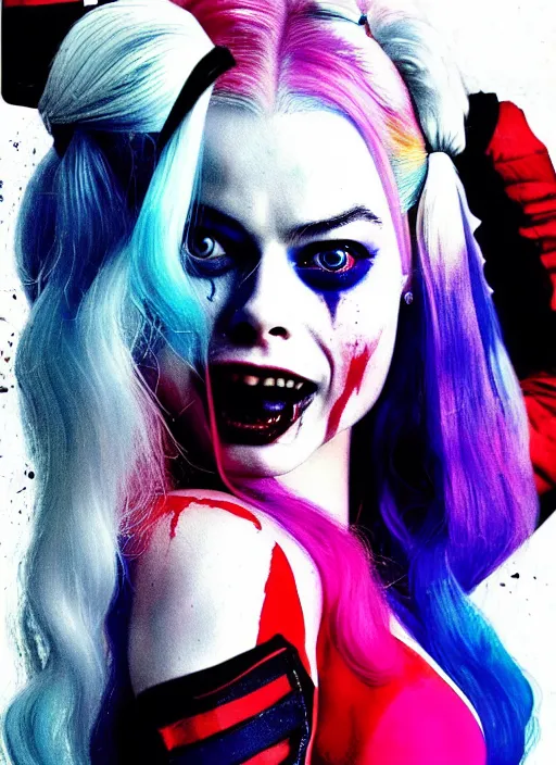 Image similar to 2 8 mm side portrait of beautiful suicide squad happy margot robbie with long white hair that looks like harley quinn, gotham city double exposure, angry frown, glamour pose, watercolor, style by simon bisley, jim lee, annie leibowitz