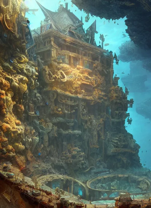 Image similar to masterpiece artwork of a underwater city civilization inside the aquarium on a bedroom, au naturel, hyper detailed, digital art, trending in artstation, cinematic lighting, studio quality, smooth render, unreal engine 5 rendered, octane rendered, art style by klimt and nixeu and ian sprigger and wlop and krenz cushart and riot and overwatch