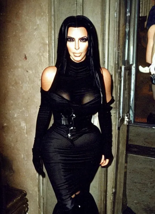 Image similar to candid photo of kim kardashian as a gothic vampire in the 1990s