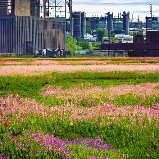 Image similar to a beautiful meadow in the middle of dirty industrial complex,