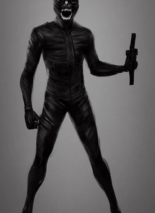 Image similar to concept art of a comic book character wearing a full body black spandex with white eyes, and drawn sharp teeth on the jaw. wearing a black leather jacket. holding a glock. hd. artstation. digital painting.