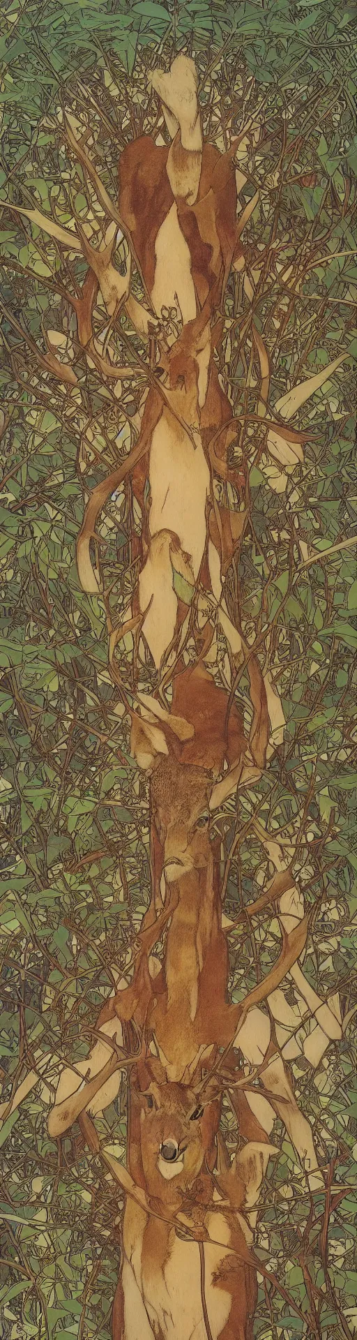 Prompt: a two inch high tent village is underneath a four thousand meter tall deer by mucha and charles vess