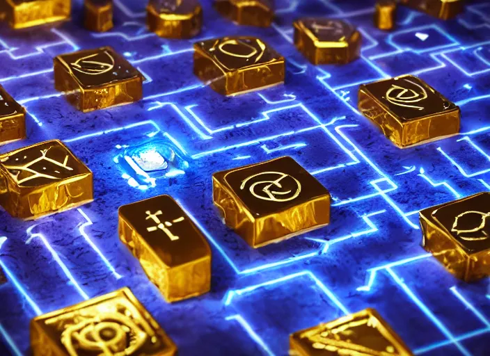 Image similar to flat square magic golden computer chip with runes and a glowing blue crystal in the center, mana flowing around it, flat and dark background, product photo, macro, dynamic composition, hyperrealism, octane render, trending on artstation, unreal engine 5, 4 k, 8 k