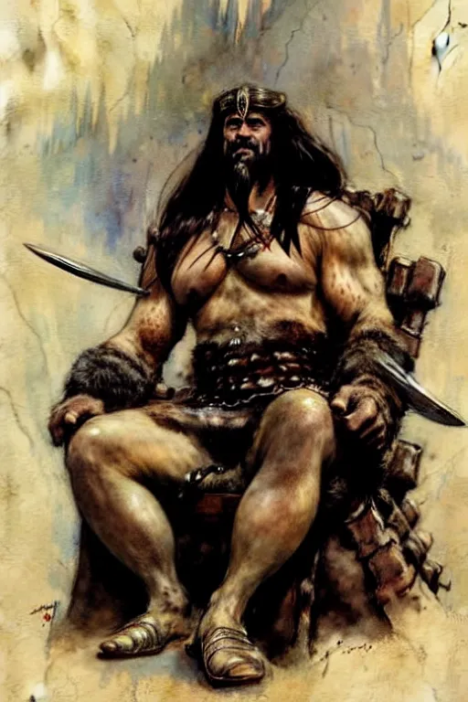 Prompt: (((((1950s king conan the barbarian sitting on his throne . muted colors.))))) by Jean-Baptiste Monge !!!!!!!!!!!!!!!!!!!!!!!!!!!