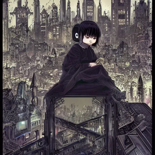 Prompt: young sad victorian gothic manga child with big eyes and wide grin sitting on a sofa of bones surrounded by a cyber futuristic cityscape made of human body parts, digital matte illustration by dan mumford, ultra detailed, 8 k resolution, beautiful lighting, expansive detailed layered city, landscape