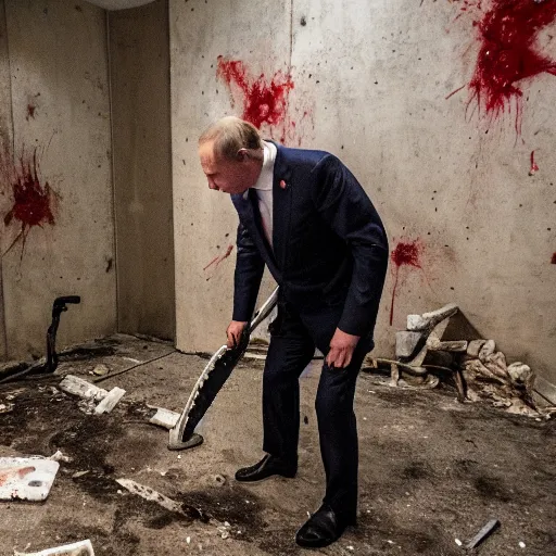 Image similar to putin with a chainsaw. in a concrete bunker with a pile of corpses. focus on putins face with blood splatters. canon eos r 3, f / 1. 4, iso 1 6 0 0, 1 / 8 0 s, 8 k, raw, grainy