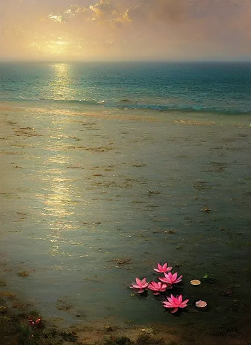 Image similar to There are many pink lotus and green lotus leaves on the dark blue sea, by Vicente Romero Redondo