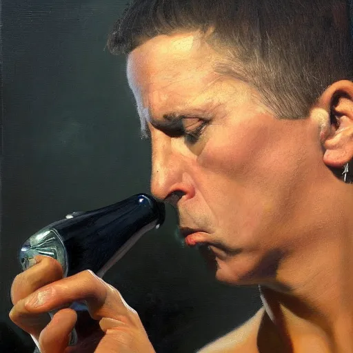 Prompt: stunning serene portrait of Maynard James Keenan singing into a hairbrush, by Mark Arian, oil on canvas, masterpiece, realism, piercing gaze, mercurial bokeh