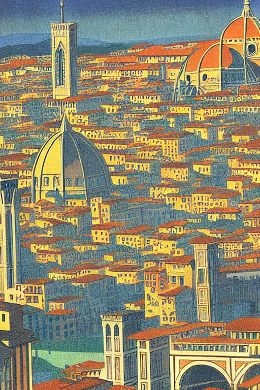 Image similar to resplendent art deco print of Florence, Italy by Hasui Kawase and Lyonel Feininger