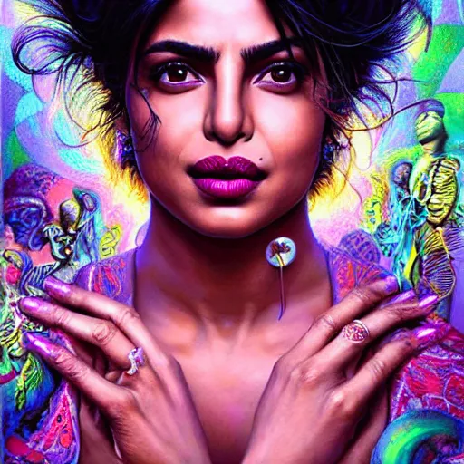 Image similar to portrait of priyanka chopra, hyper detailed masterpiece, neon floral pattern, jean giraud, digital art painting, darkwave goth aesthetic, psychedelic, artgerm, donato giancola and tom bagshaw