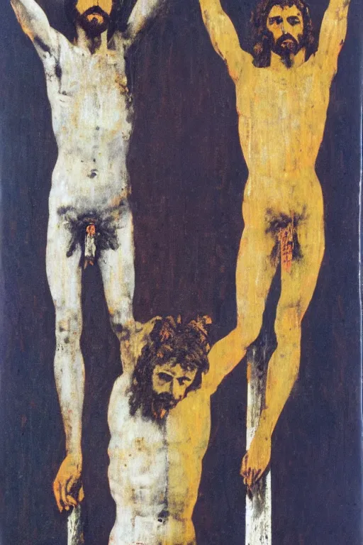 Image similar to jesus christ crucified painted by cy twombly and andy warhol