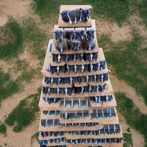 Prompt: pyramid of stacked goats shot from drone