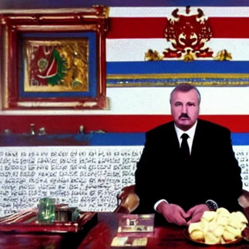 Image similar to Alexander Lukashenko in Scarface, bags of cocaine on the table, belarusian flag in the background, cinematic still