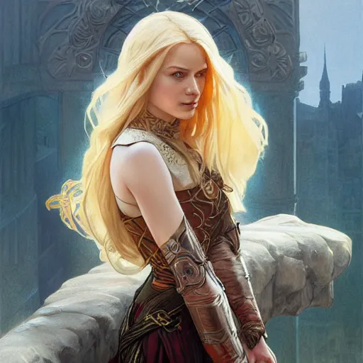 Image similar to an epic fantasy comic book style portrait painting of a young blonde thief, d & d, fantasy, joyful smirk, intricate, elegant, digital painting, artstation, concept art, extremely detailed, matte, sharp focus, illustration, art by artgerm and greg rutkowski and alphonse mucha