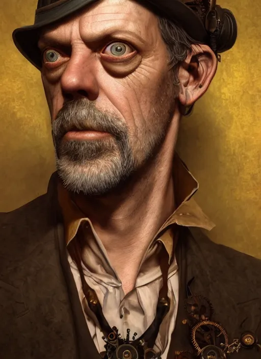 Image similar to steampunk portrait of hugh laurie, au naturel, hyper detailed, digital art, trending in artstation, cinematic lighting, studio quality, smooth render, unreal engine 5 rendered, octane rendered, art style by klimt and nixeu and ian sprigger and wlop and krenz cushart.