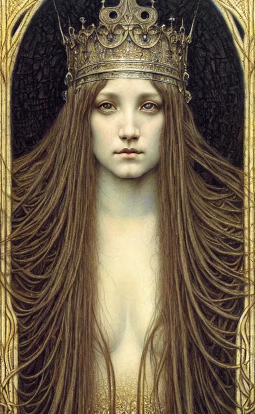 Image similar to detailed realistic beautiful young medieval queen face portrait by jean delville, gustave dore and marco mazzoni, art nouveau, symbolist, visionary, gothic, pre - raphaelite. horizontal symmetry