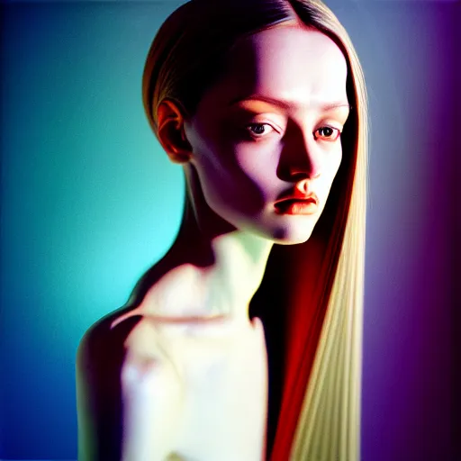 Image similar to hyperrealism photography computer simulation visualisation of parallel universe dramatic scene with beautiful highly detailed ukrainian woman by caravaggio wearing neofuturistic neural interface by josan gonzalez. pentax 6 7, kodak portra 4 0 0 volumetric natural light - s 1 5 0