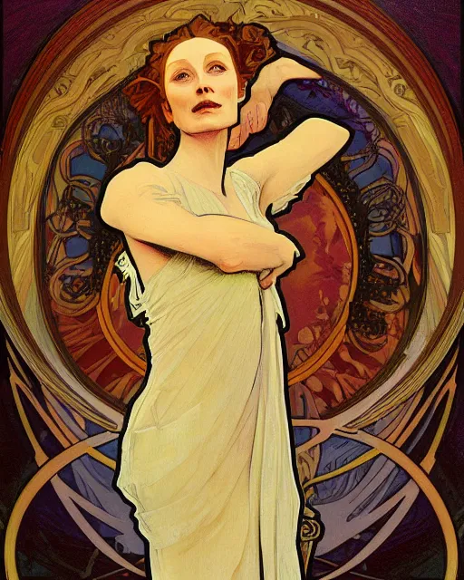 Image similar to a portrait painting of ( ( ( tilda swindon ) ) ) in the style of alphonse mucha!!!