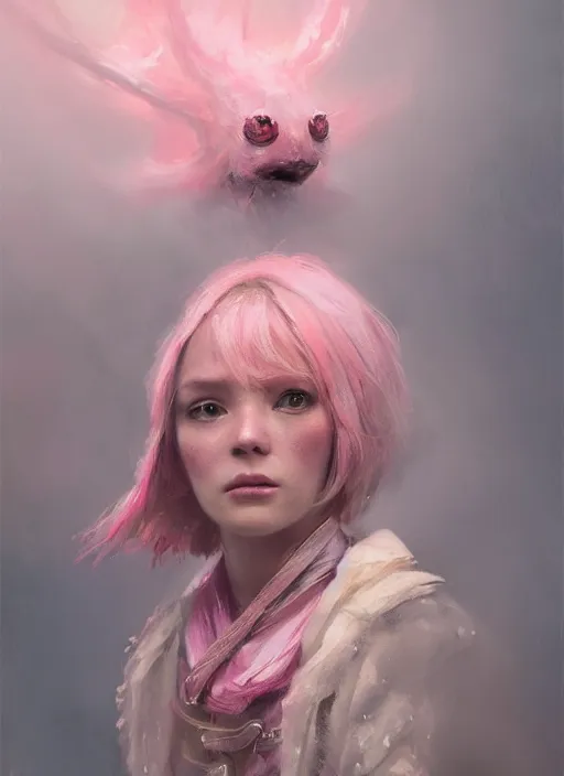 Image similar to A fancy portrait of a small creature in pink by Greg Rutkowski, Sung Choi, Mitchell Mohrhauser, Maciej Kuciara, Johnson Ting, Maxim Verehin, Peter Konig, Bloodborne, 8k photorealistic, cinematic lighting, HD, high details, dramatic, atmospheric , trending on artstation