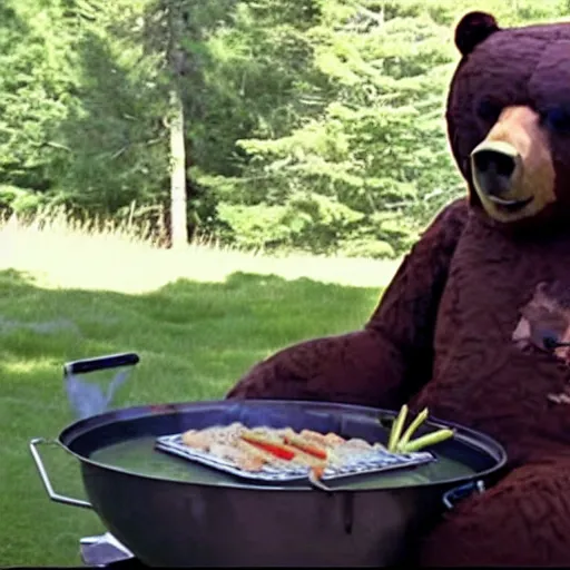Image similar to film still of bear grylls in a bear costume at a bbq grill party