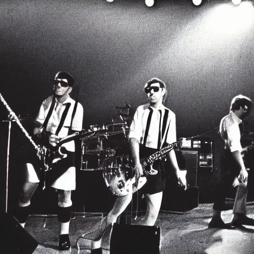 Image similar to still from a 1 9 6 0 s concert film, a group of 4 men dressed in peppermint themed sailor outfits play a rock concert, moody lighting, viewed from afar, cinematic shot