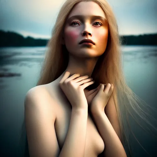 Image similar to photographic portrait of a stunningly beautiful siberian renaissance female in soft dreamy light at sunset, beside the river, soft focus, contemporary fashion shoot, in a denis villeneuve and tim burton movie, by edward robert hughes, annie leibovitz and steve mccurry, david lazar, jimmy nelsson, extremely detailed, breathtaking, hyperrealistic, perfect face, octane render