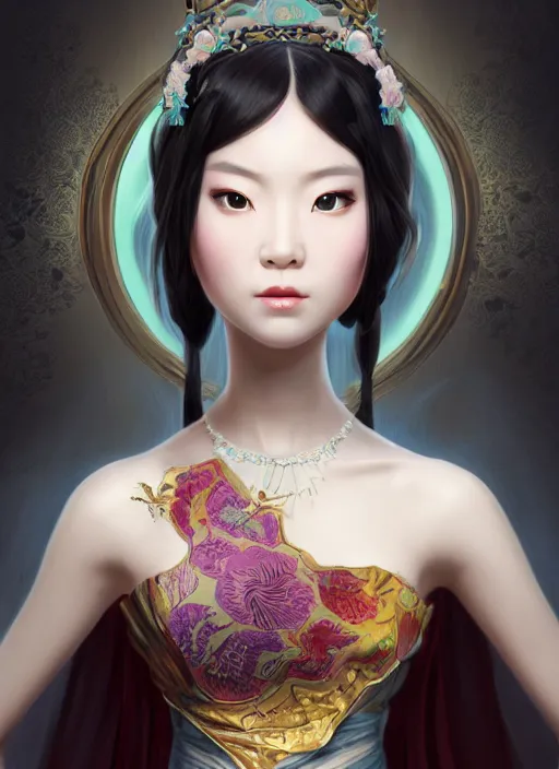 Image similar to beautiful fashion girl in tang dynasty with big eyes, strapless dress, character portrait in the style of thomas river and artgerm, wlop, cinematic lighting, hyperdetailed, 8 k realistic, symmetrical, global illumination, radiant light, halo, love and mercy, frostbite 3 engine, cryengine, dof, trending on artstation, digital art, chanel