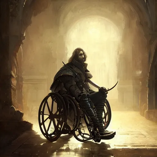 Image similar to handsome portrait of a wheelchair guy fitness posing, radiant light, caustics, heroic, smooth, one legged amputee, bloodborne gehrnan, by gaston bussiere, bayard wu, greg rutkowski, giger, maxim verehin