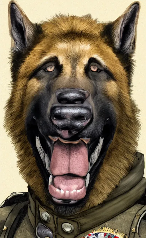 Image similar to close up character portrait icon of the german shepard beast - man military uniform head animal person wearing clothes standing in the mountains, hidari, color page, tankoban, 4 k, tone mapping, akihiko yoshida