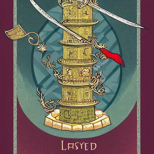 Image similar to tarot card style, lady luck on a tower, scales, sword, digital illustration, intricate, highly detailed, elegant, full color, cinematic lighting