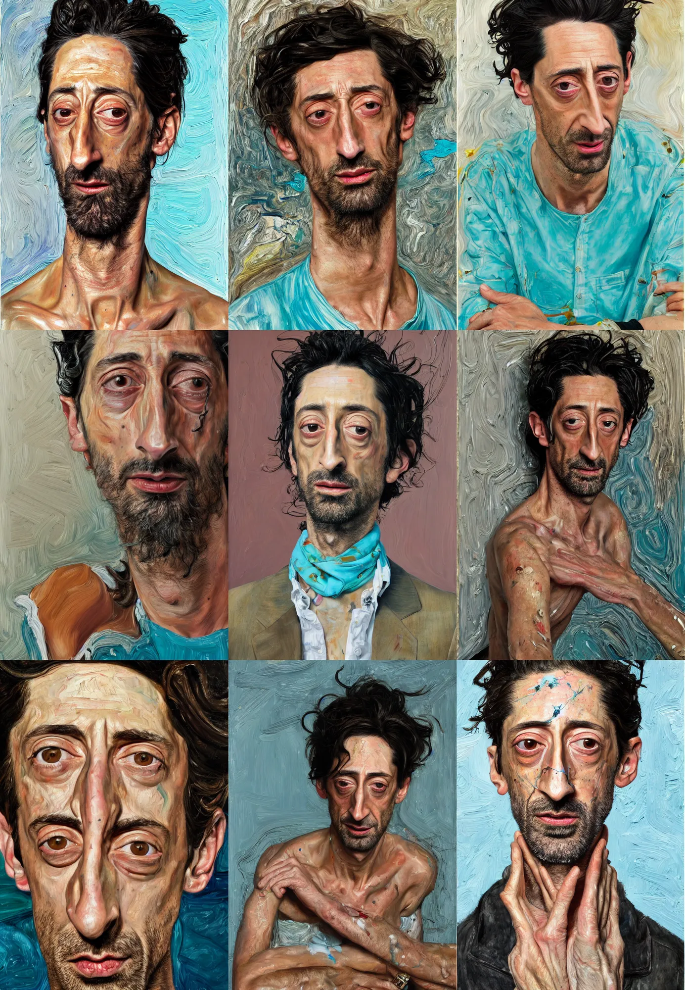 Prompt: high quality high detail of adrien brody painting by lucian freud and jenny saville, hd, golden eal, turquoise