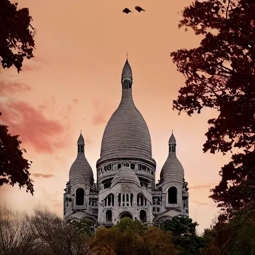 Prompt: abandoned Basilica of Sacré Coeur de Montmartre, toxic orange and pink clouds strain the sunlight, stark contrasting lighting, contrejour, a two-headed mutated deer-like creature looks on in the distance from the sparse twisted silhouetted foliage, a highly detailed colorful matte painting by Scott Listfield and Mikko Lagerstedt, featured on Artstation, Unreal Render, 8k HDR, birdseye view, fisheye lens