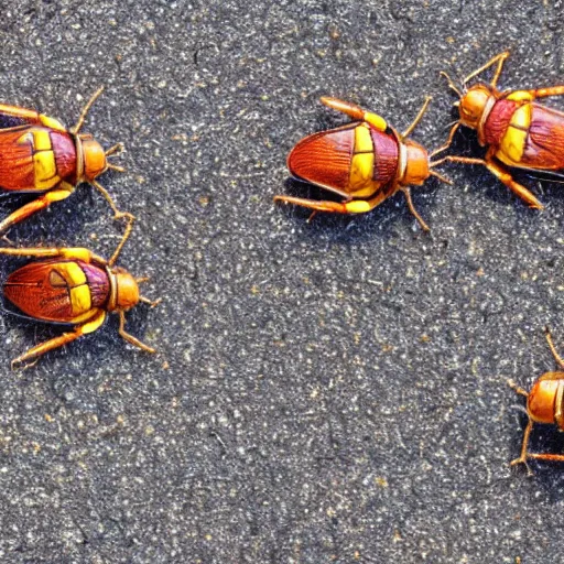 Prompt: Colorful cockroaches dancing on the road