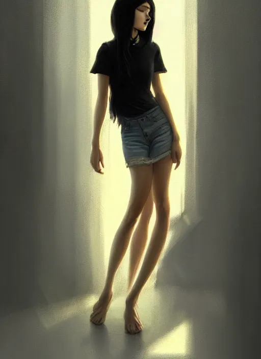 Prompt: ultradetailed beautiful painting of a stylish young lady wearing a short top, dramatic, she has black long hair, distressed, volumetric light, full body portrait by greg rutkowski, ilya kuvshinov, james jean, makoto shinkai, on artstation