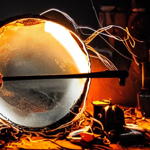 Image similar to fried egg in a red hot frying pan, tangles of metallic cables, dark messy smoke - filled cluttered workshop, dark, dramatic lighting, orange tint, sparks, plasma charges, cinematic, highly detailed, sci - fi, futuristic, movie still