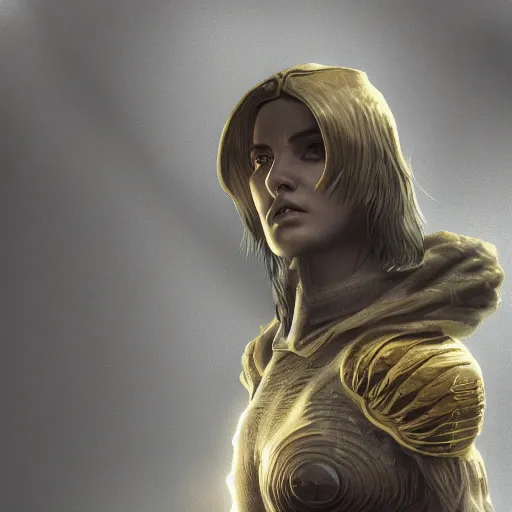 Image similar to eyeless watcher, dutiful return, golden age seraph bunkers, art by Willian Murai and Ryan Barger, high detail, cinematic, cgsociety 8k