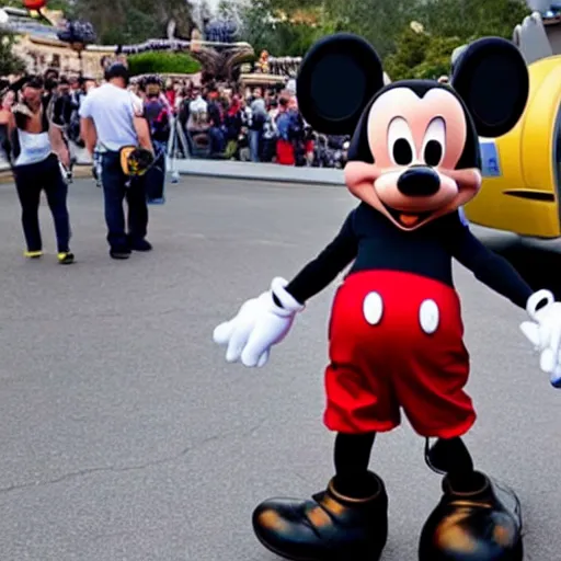 Image similar to cell phone photo of mickey mouse being escorted out of disneyland by security in handcuffs, very realistic