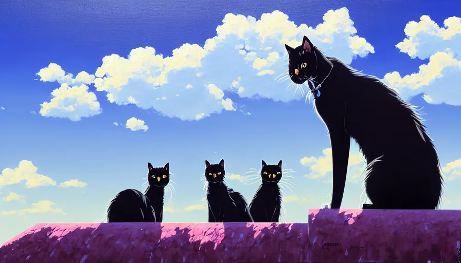 Prompt: highly detailed contemporary acrylic painting of really tall sitting cats by makoto shinkai, thick brush strokes and visible paint layers, glistening clouds in background, light blue black, white and pink vivid pastel color scheme