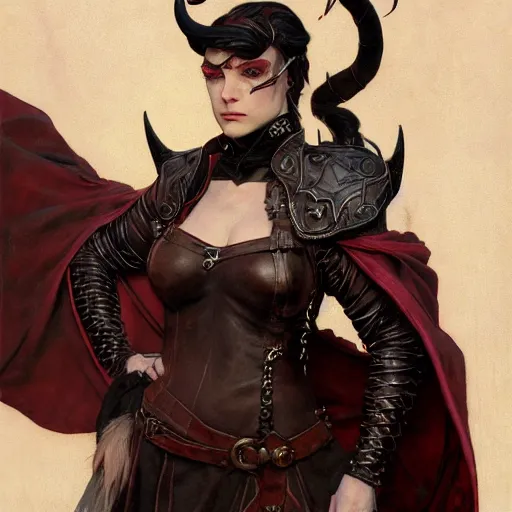 Image similar to portrait of a surly and resentful female tiefling thief with small horns clothed in leather armor and a cloak, angry expression, by Greg Rutkowski and John Collier and Krenz Cushart and Artem Demura and Alphonse Mucha and Albert Aublet, as seen on ArtStation, 4k, dungeons and dragons, very aesthetic, very detailed, intricate, unreal, fantasy, dramatic, painterly, artstation, sharp focus, smooth