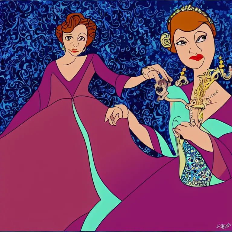 Prompt: Norma Desmond as a Disney Princess, in the style of a colorful Disney cartoon