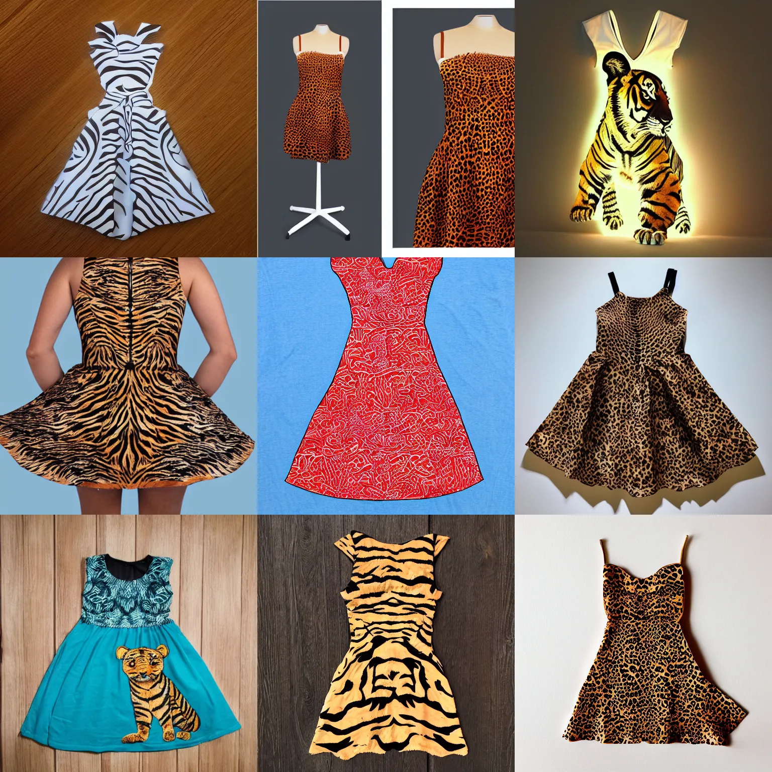 Prompt: 👗 made of 🐯!! Product photo, backlit,