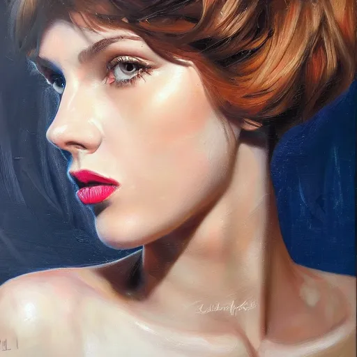 Prompt: portrait close-up face centre oil on canvas of Lilli Hollunder, wavy brunnete, art by Alina Ivanchenko, Rob Ross, artgerm