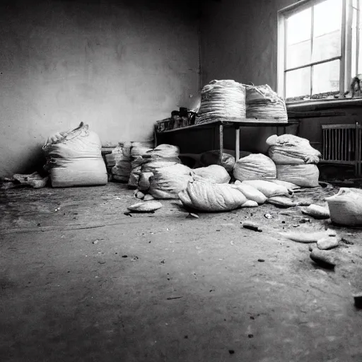 Prompt: An empty kitchen. The smell of a thousand meals linger in the air like an unpleasant memory. Sacks of flour and other supplies are stacked everywhere; the place looks more like a warehouse than a home, as if they aren't going to be cooking anything for at least another two months.