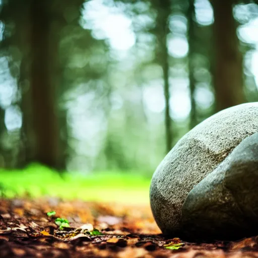 Prompt: a round shaped rock rolling down in a forest, action photography motion blur