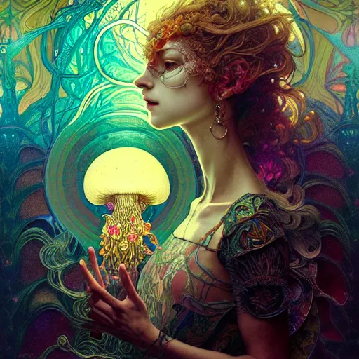 Image similar to An extremely psychedelic experience, surreal, dramatic lighting, magic mushrooms, psilocybin, LSD, face, detailed, intricate, elegant, highly detailed, digital painting, artstation, concept art, smooth, sharp focus, illustration, art by Krenz Cushart and Artem Demura and alphonse mucha