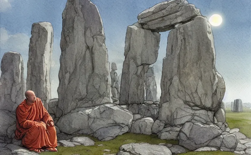 Image similar to a hyperrealist watercolor fantasy concept art of giant monk with a long forehead in grey robes sitting in stonehenge. in the background a ufo is in the sky. by rebecca guay, michael kaluta, charles vess